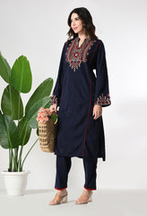 Navy Blue Woolen 2 Piece Set with Beautiful Kashmiri Embroidery on the Neckline - Set of 2