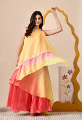 Lemon and Orange Ombre Dyed Chinon Indo-Western Set - Set of 2