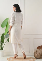 Cream Brush Painted Dobby Cotton A-Line Kurta Set- Set of 2