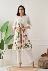 Cream Brush Painted Dobby Cotton A-Line Kurta Set- Set of 2