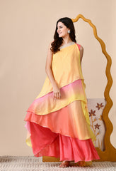 Lemon and Orange Ombre Dyed Chinon Indo-Western Set - Set of 2