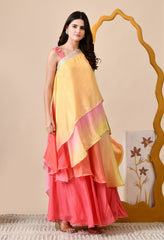 Lemon and Orange Ombre Dyed Chinon Indo-Western Set - Set of 2