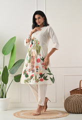 Cream Brush Painted Dobby Cotton A-Line Kurta Set- Set of 2