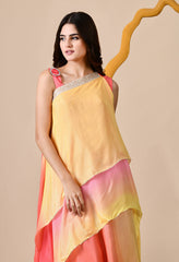 Lemon and Orange Ombre Dyed Chinon Indo-Western Set - Set of 2