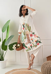 Cream Brush Painted Dobby Cotton A-Line Kurta Set- Set of 2