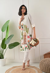 Cream Brush Painted Dobby Cotton A-Line Kurta Set- Set of 2