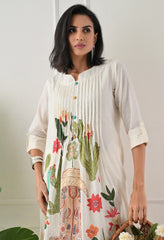 Cream Brush Painted Dobby Cotton A-Line Kurta Set- Set of 2