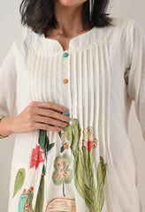 Cream Brush Painted Dobby Cotton A-Line Kurta Set- Set of 2