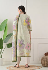 Green Cotton Digital Print Suit-Set of 3