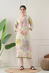 Green Cotton Digital Print Suit-Set of 3