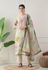Green Cotton Digital Print Suit-Set of 3