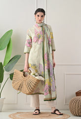 Green Cotton Digital Print Suit-Set of 3