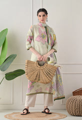 Green Cotton Digital Print Suit-Set of 3