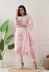 Cream Digital Print Suit with Kantha Sequence Work Detailing-Set of 3