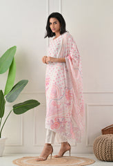 Cream Digital Print Suit with Kantha Sequence Work Detailing-Set of 3