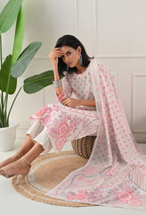 Cream Digital Print Suit with Kantha Sequence Work Detailing-Set of 3