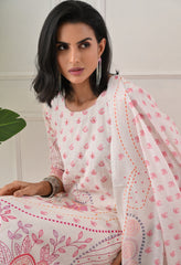 Cream Digital Print Suit with Kantha Sequence Work Detailing-Set of 3