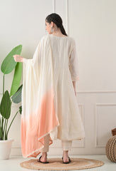 Cream Orange Cotton Chikankari Embroidered A-Line Suit-Set of 3