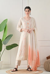 Cream Orange Cotton Chikankari Embroidered A-Line Suit-Set of 3