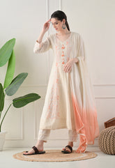 Cream Orange Cotton Chikankari Embroidered A-Line Suit-Set of 3