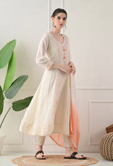 Cream Orange Cotton Chikankari Embroidered A-Line Suit-Set of 3