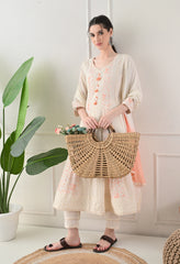 Cream Orange Cotton Chikankari Embroidered A-Line Suit-Set of 3