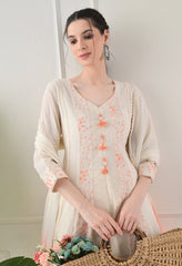 Cream Orange Cotton Chikankari Embroidered A-Line Suit-Set of 3
