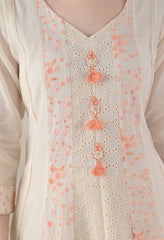 Cream Orange Cotton Chikankari Embroidered A-Line Suit-Set of 3