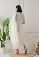 Cream Mul Cotton Embroidered A-Line suit- Set of 3