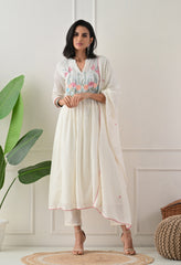 Cream Mul Cotton Embroidered A-Line suit- Set of 3