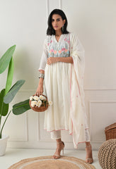 Cream Mul Cotton Embroidered A-Line suit- Set of 3