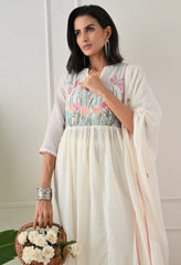 Cream Mul Cotton Embroidered A-Line suit- Set of 3