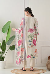Cream Floral Digital Print Embroidered Cotton Suit- Set of 3