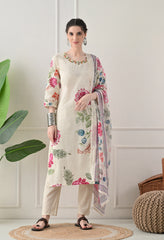Cream Floral Digital Print Embroidered Cotton Suit- Set of 3