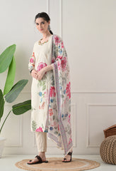 Cream Floral Digital Print Embroidered Cotton Suit- Set of 3
