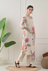 Cream Floral Digital Print Embroidered Cotton Suit- Set of 3