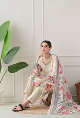 Cream Floral Digital Print Embroidered Cotton Suit- Set of 3
