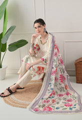 Cream Floral Digital Print Embroidered Cotton Suit- Set of 3