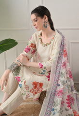 Cream Floral Digital Print Embroidered Cotton Suit- Set of 3
