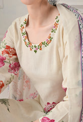 Cream Floral Digital Print Embroidered Cotton Suit- Set of 3