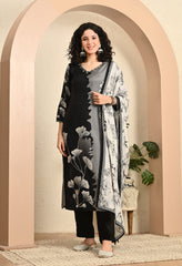 Grey and Black Printed Hand Embroidered Muslin Suit - Set of 3
