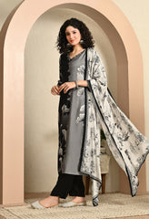 Grey and Black Printed Hand Embroidered Muslin Suit - Set of 3