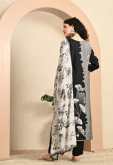 Grey and Black Printed Hand Embroidered Muslin Suit - Set of 3