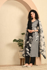 Grey and Black Printed Hand Embroidered Muslin Suit - Set of 3