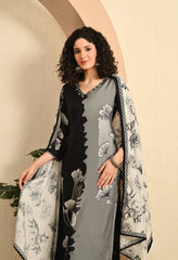Grey and Black Printed Hand Embroidered Muslin Suit - Set of 3