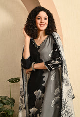 Grey and Black Printed Hand Embroidered Muslin Suit - Set of 3