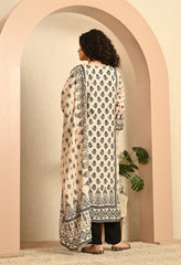 Beige and Black Printed Hand embroidered Muslin Suit - Set of 3