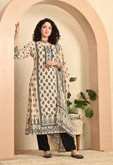 Beige and Black Printed Hand embroidered Muslin Suit - Set of 3