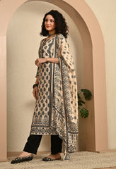 Beige and Black Printed Hand embroidered Muslin Suit - Set of 3