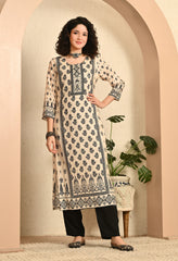 Beige and Black Printed Hand embroidered Muslin Suit - Set of 3